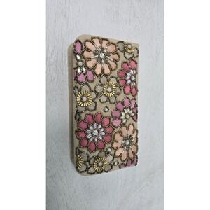 Jewelry Box With Mirror Floral Multicolor Beaded Sequins Beige Fabric